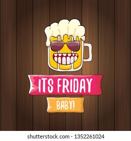 Its friday baby vector concept illustration with funky beer character isolated on wooden background. happy friday vector background 