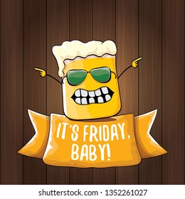 Its friday baby vector concept illustration with funky beer character isolated on wooden background. happy friday vector background 