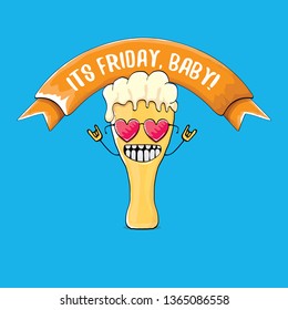 Its friday baby vector concept illustration with funky beer character isolated on blue background. happy friday vector background