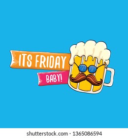 Its friday baby vector concept illustration with funky beer character isolated on blue background. happy friday vector background