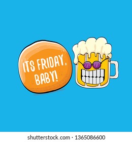 Its friday baby vector concept illustration with funky beer character isolated on blue background. happy friday vector background