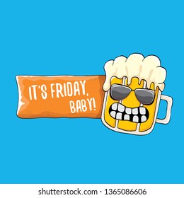 Its friday baby vector concept illustration with funky beer character isolated on blue background. happy friday vector background