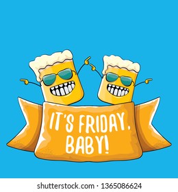 Its friday baby vector concept illustration with funky beer character isolated on blue background. happy friday vector background