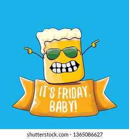 Its friday baby vector concept illustration with funky beer character isolated on blue background. happy friday vector background