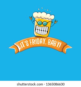 Its friday baby vector concept illustration with funky beer character isolated on blue background. happy friday vector background