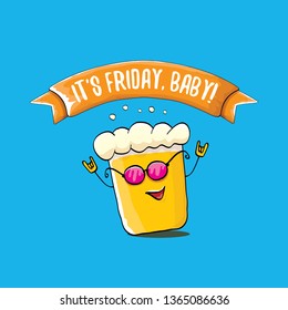 Its friday baby vector concept illustration with funky beer character isolated on blue background. happy friday vector background
