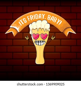 Its friday baby vector concept illustration with funky beer character isolated on brick wall background. happy friday vector background