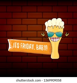 Its friday baby vector concept illustration with funky beer character isolated on brick wall background. happy friday vector background