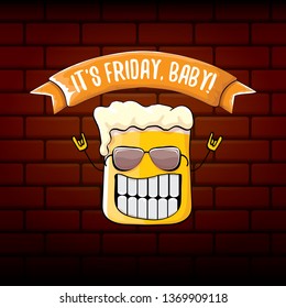 Its friday baby vector concept illustration with funky beer character isolated on brick wall background. happy friday vector background