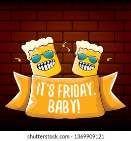 Its friday baby vector concept illustration with funky beer character isolated on brick wall background. happy friday vector background