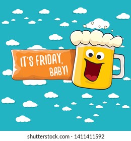 Its friday baby vector concept illustration with funky beer character isolated on blue summer sky background with clouds. happy friday vector background