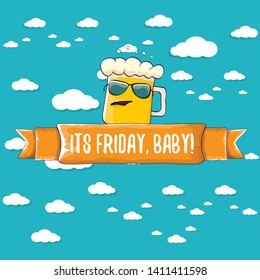 Its friday baby vector concept illustration with funky beer character isolated on blue summer sky background with clouds. happy friday vector background