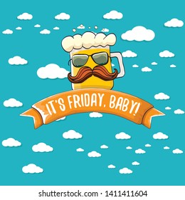 Its friday baby vector concept illustration with funky beer character isolated on blue summer sky background with clouds. happy friday vector background