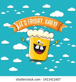 Its friday baby vector concept illustration with funky beer character isolated on blue summer sky background with clouds. happy friday vector background