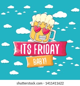 Its friday baby vector concept illustration with funky beer character isolated on blue summer sky background with clouds. happy friday vector background