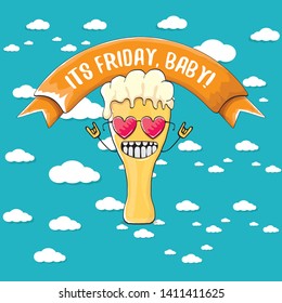 Its friday baby vector concept illustration with funky beer character isolated on blue summer sky background with clouds. happy friday vector background