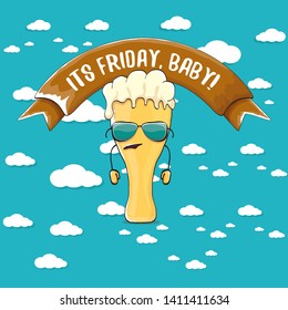 Its friday baby vector concept illustration with funky beer character isolated on blue summer sky background with clouds. happy friday vector background