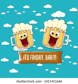 Its friday baby vector concept illustration with funky beer character isolated on blue summer sky background with clouds. happy friday vector background
