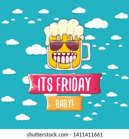 Its friday baby vector concept illustration with funky beer character isolated on blue summer sky background with clouds. happy friday vector background