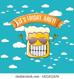 Its friday baby vector concept illustration with funky beer character isolated on blue summer sky background with clouds. happy friday vector background