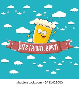 Its friday baby vector concept illustration with funky beer character isolated on blue summer sky background with clouds. happy friday vector background