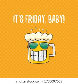 Its friday baby vector concept illustration with funky beer character isolated on orange background. happy friday vector background