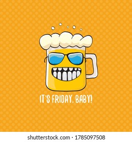 Its friday baby vector concept illustration with funky beer character isolated on orange background. happy friday vector background
