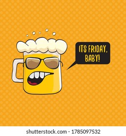 Its friday baby vector concept illustration with funky beer character isolated on orange background. happy friday vector background