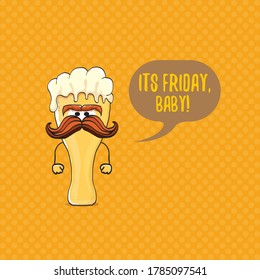 Its friday baby vector concept illustration with funky beer character isolated on orange background. happy friday vector background