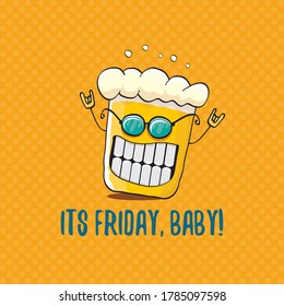 Its friday baby vector concept illustration with funky beer character isolated on orange background. happy friday vector background