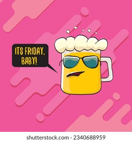 Its friday baby vector concept illustration with funky beer character isolated on pink background. happy friday vector background. TGIF sticker, print poster and label