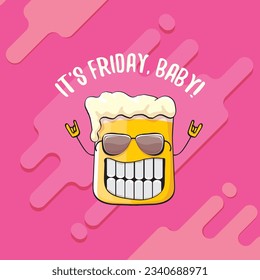 Its friday baby vector concept illustration with funky beer character isolated on pink background. happy friday vector background. TGIF sticker, print poster and label