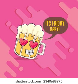 Ilustración de concepto de vector de bebé viernes con carácter de cerveza funky aislado en el fondo rosado. feliz fondo vectorial del viernes. Etiqueta del TGIF, afiche de impresión y etiqueta