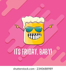 Its friday baby vector concept illustration with funky beer character isolated on pink background. happy friday vector background. TGIF sticker, print poster and label