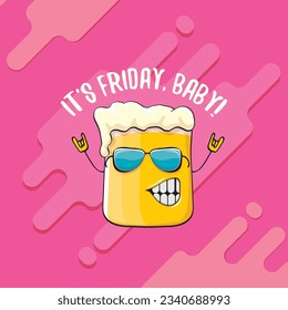 Its friday baby vector concept illustration with funky beer character isolated on pink background. happy friday vector background. TGIF sticker, print poster and label