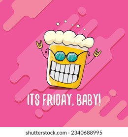 Its friday baby vector concept illustration with funky beer character isolated on pink background. happy friday vector background. TGIF sticker, print poster and label