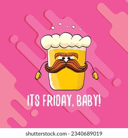 Its friday baby vector concept illustration with funky beer character isolated on pink background. happy friday vector background. TGIF sticker, print poster and label