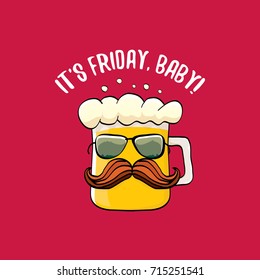  Its friday baby vector concept illustration with funky beer character isolated on red background. happy friday vector background