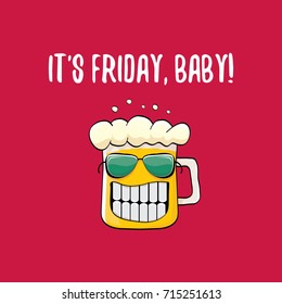  Its friday baby vector concept illustration with funky beer character isolated on red background. happy friday vector background