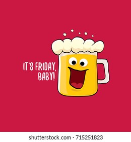  Its friday baby vector concept illustration with funky beer character isolated on red background. happy friday vector background