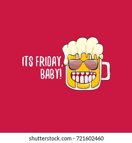 Its friday baby vector concept illustration with funky beer character isolated on red background. happy friday vector background