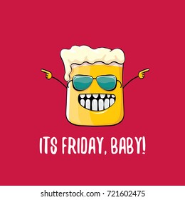 Its friday baby vector concept illustration with funky beer character isolated on red background. happy friday vector background