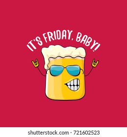 Its friday baby vector concept illustration with funky beer character isolated on red background. happy friday vector background