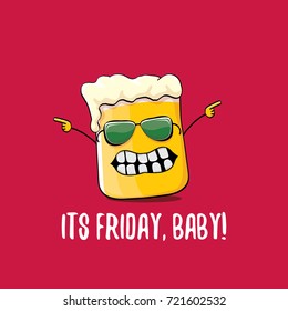 Its friday baby vector concept illustration with funky beer character isolated on red background. happy friday vector background