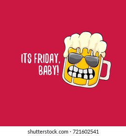 Its friday baby vector concept illustration with funky beer character isolated on red background. happy friday vector background