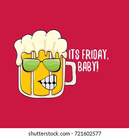 Its friday baby vector concept illustration with funky beer character isolated on red background. happy friday vector background