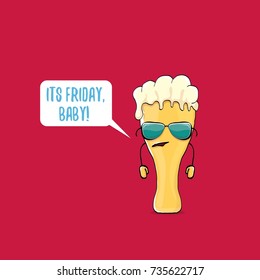Its friday baby vector concept illustration with funky beer character isolated on red background. happy friday vector background