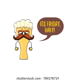 Its friday baby vector concept illustration with funky beer hand drawn character isolated on white background. happy friday vector background or poster