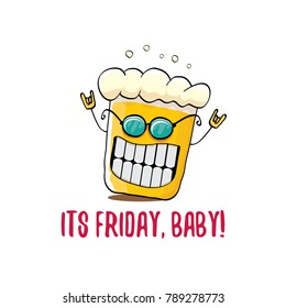 Its friday baby vector concept illustration with funky beer hand drawn character isolated on white background. happy friday vector background or poster