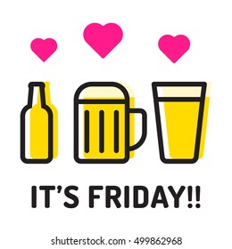 It's friday. Beer cup, bottle, glass with hearts. Flat vector icon, logo, symbol, mark design illustration on white background. Can be used for cafe, restaurant fast food.